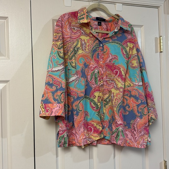 Chaps Ralph Lauren pastel paisley 3/4 sleeves button down shirt women’s 3x - Picture 2 of 5